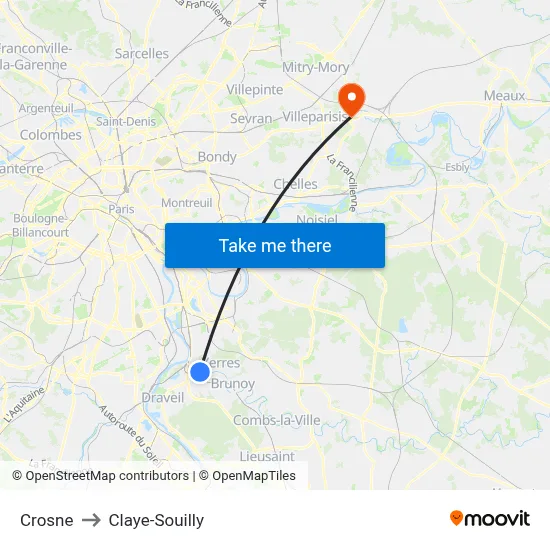 Crosne to Claye-Souilly map
