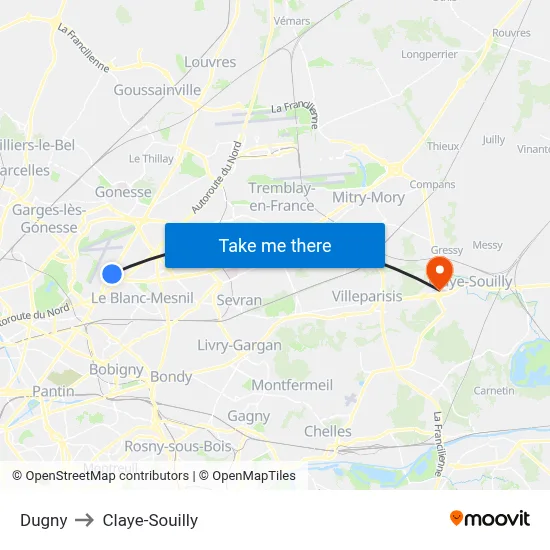 Dugny to Claye-Souilly map