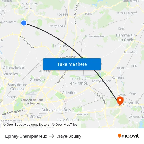 Epinay-Champlatreux to Claye-Souilly map