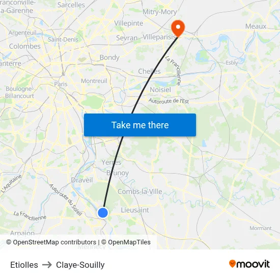 Etiolles to Claye-Souilly map
