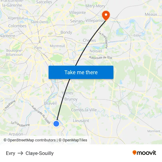 Evry to Claye-Souilly map