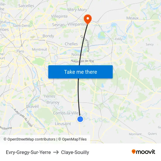 Evry-Gregy-Sur-Yerre to Claye-Souilly map