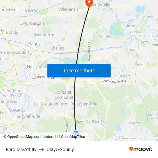 Ferolles-Attilly to Claye-Souilly map