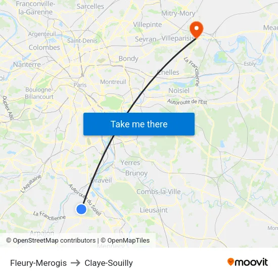 Fleury-Merogis to Claye-Souilly map