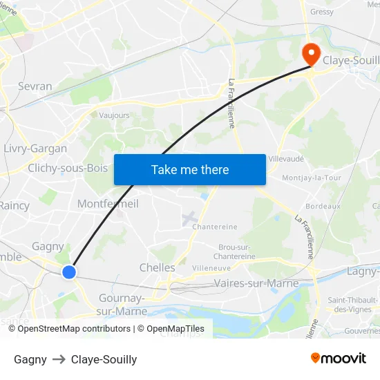 Gagny to Claye-Souilly map