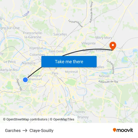 Garches to Claye-Souilly map