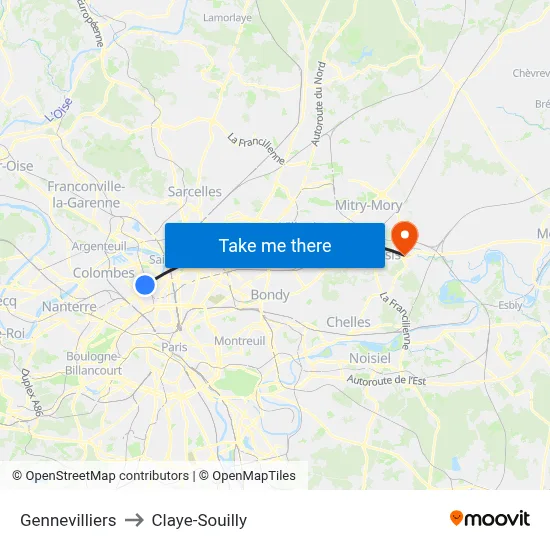 Gennevilliers to Claye-Souilly map