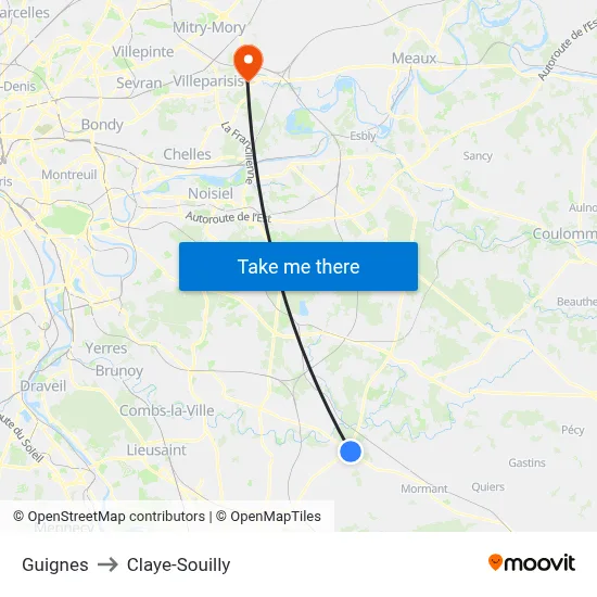 Guignes to Claye-Souilly map