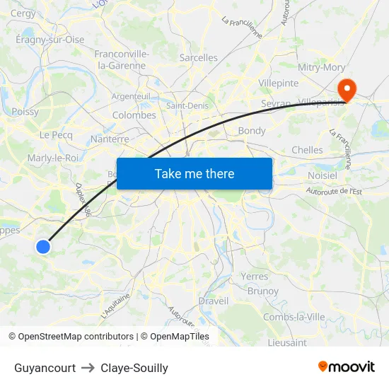 Guyancourt to Claye-Souilly map