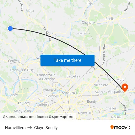 Haravilliers to Claye-Souilly map