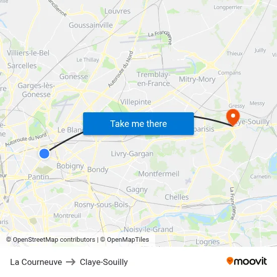 La Courneuve to Claye-Souilly map