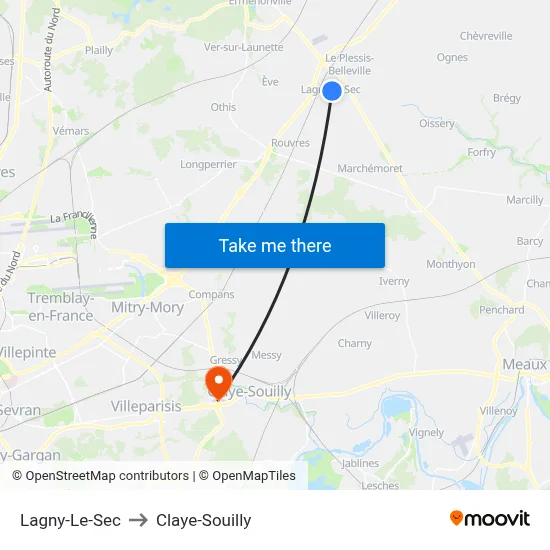 Lagny-Le-Sec to Claye-Souilly map