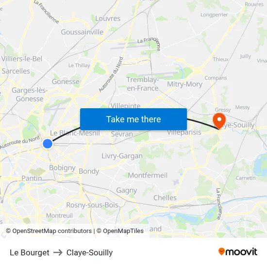 Le Bourget to Claye-Souilly map