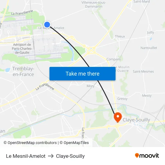 Le Mesnil-Amelot to Claye-Souilly map