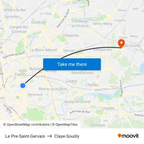 Le Pre-Saint-Gervais to Claye-Souilly map
