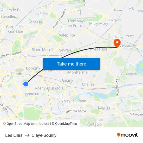 Les Lilas to Claye-Souilly map