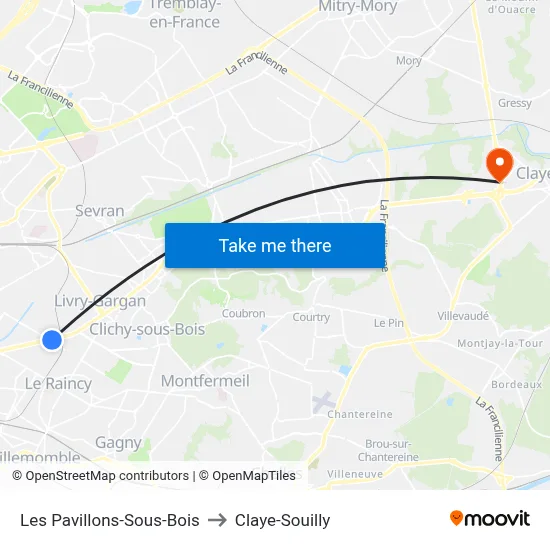 Les Pavillons-Sous-Bois to Claye-Souilly map