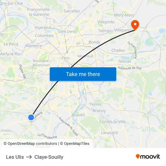 Les Ulis to Claye-Souilly map