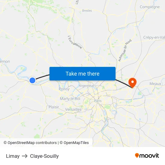 Limay to Claye-Souilly map