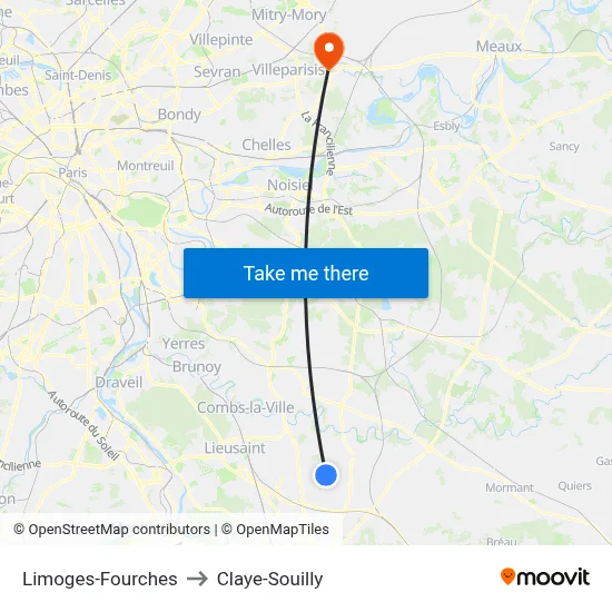 Limoges-Fourches to Claye-Souilly map