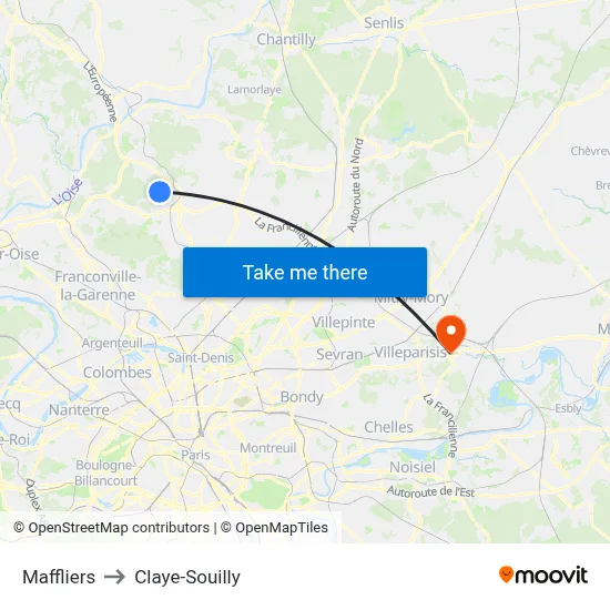 Maffliers to Claye-Souilly map