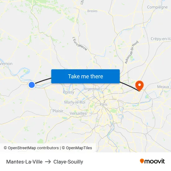 Mantes-La-Ville to Claye-Souilly map