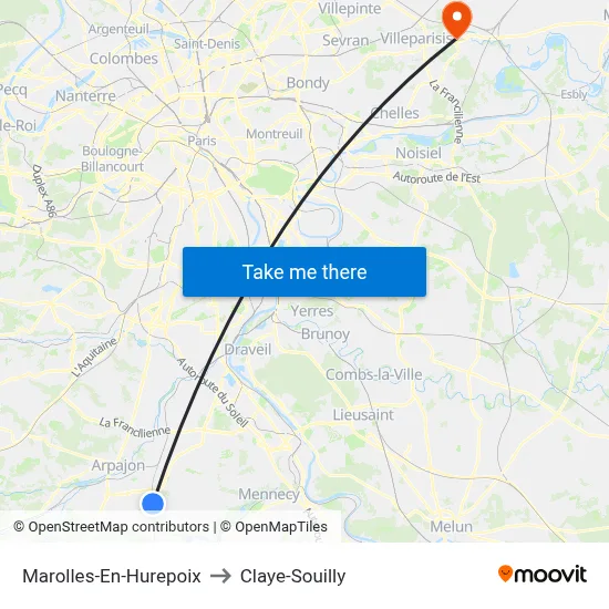 Marolles-En-Hurepoix to Claye-Souilly map