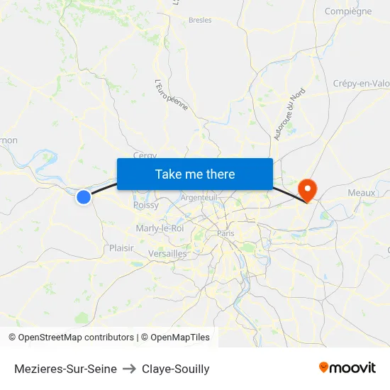 Mezieres-Sur-Seine to Claye-Souilly map