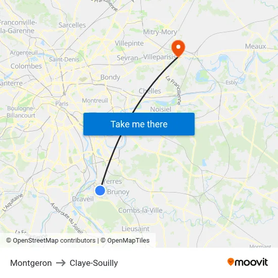 Montgeron to Claye-Souilly map
