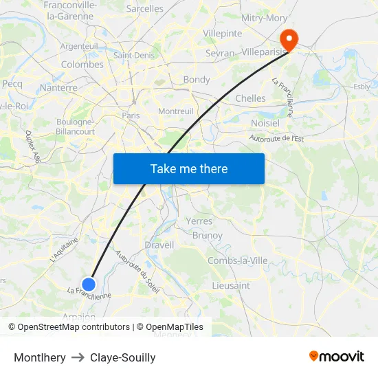 Montlhery to Claye-Souilly map