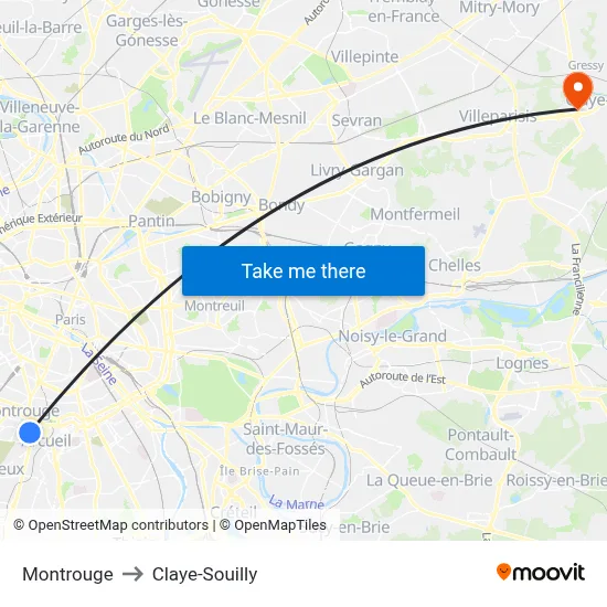 Montrouge to Claye-Souilly map