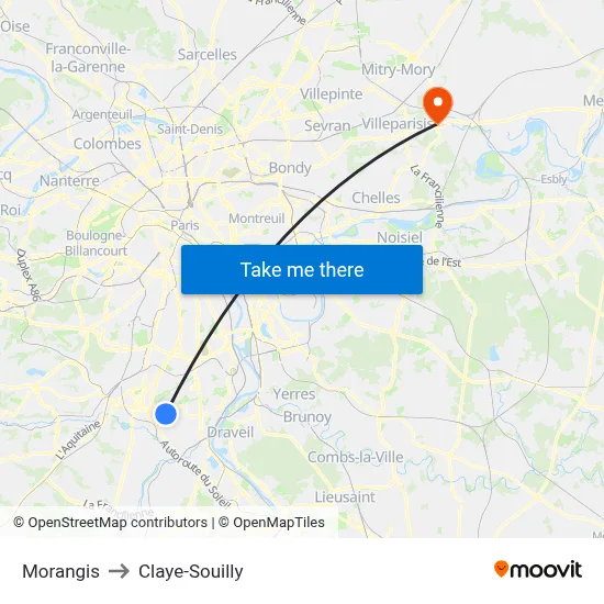 Morangis to Claye-Souilly map