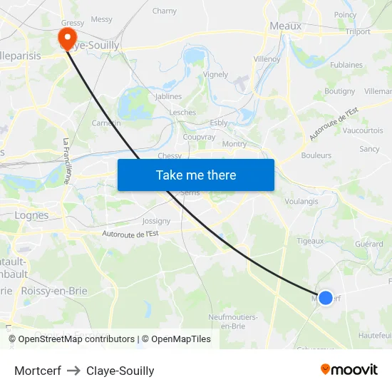 Mortcerf to Claye-Souilly map