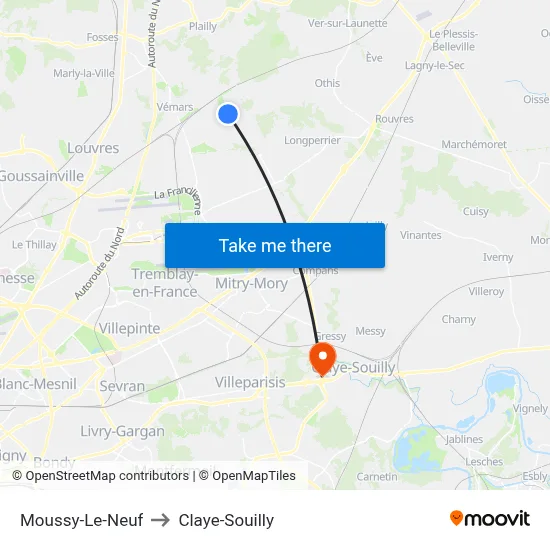 Moussy-Le-Neuf to Claye-Souilly map