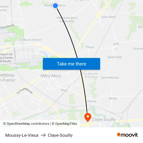 Moussy-Le-Vieux to Claye-Souilly map