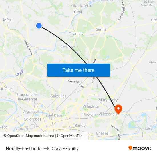 Neuilly-En-Thelle to Claye-Souilly map