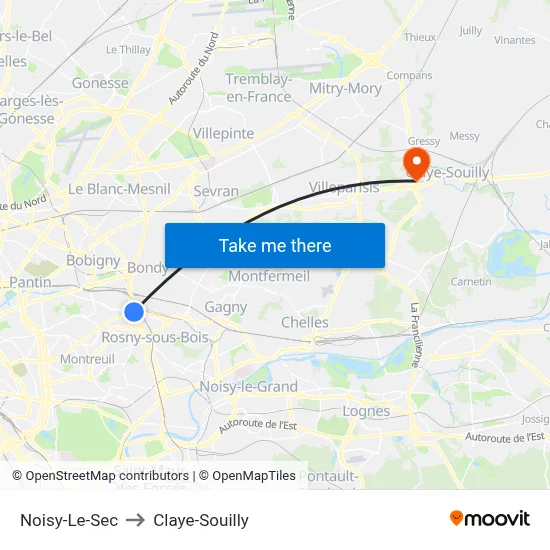 Noisy-Le-Sec to Claye-Souilly map