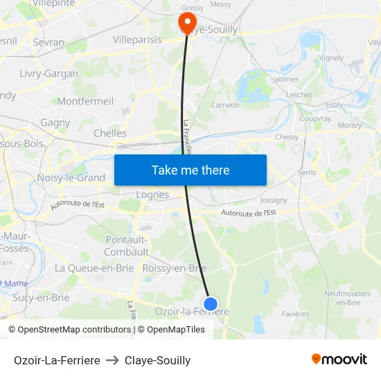 Ozoir-La-Ferriere to Claye-Souilly map