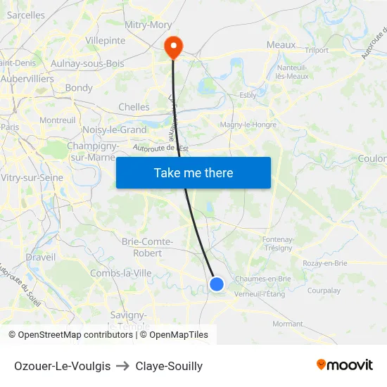 Ozouer-Le-Voulgis to Claye-Souilly map