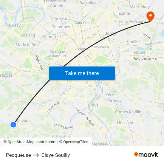 Pecqueuse to Claye-Souilly map