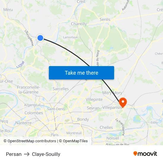 Persan to Claye-Souilly map