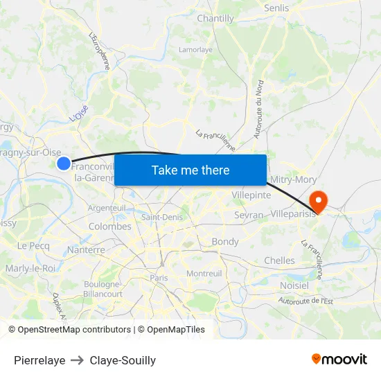 Pierrelaye to Claye-Souilly map