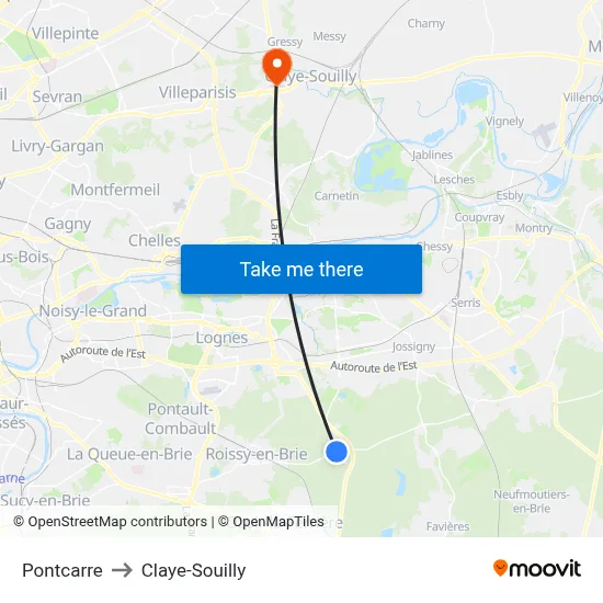Pontcarre to Claye-Souilly map