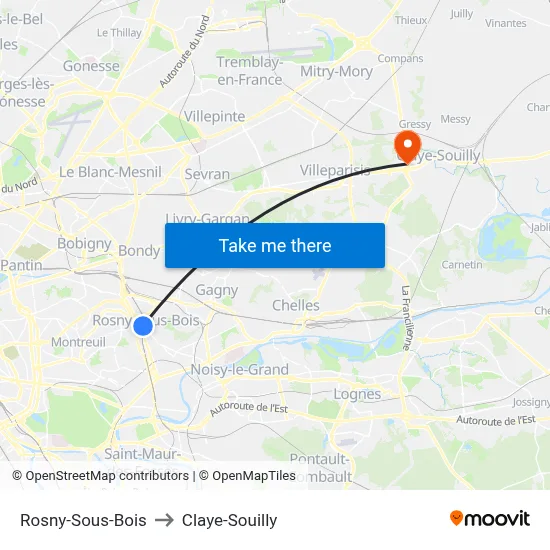 Rosny-Sous-Bois to Claye-Souilly map