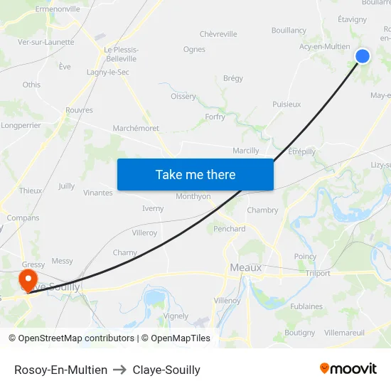 Rosoy-En-Multien to Claye-Souilly map