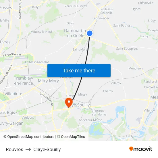 Rouvres to Claye-Souilly map