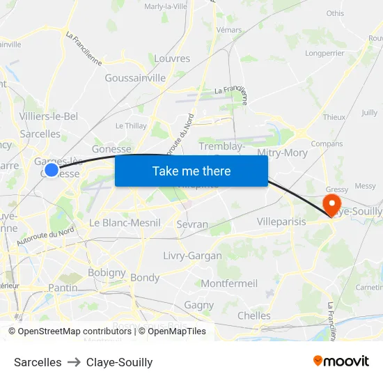 Sarcelles to Claye-Souilly map