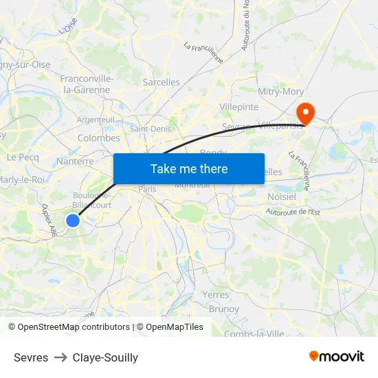 Sevres to Claye-Souilly map