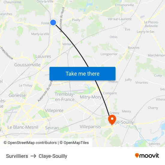 Survilliers to Claye-Souilly map