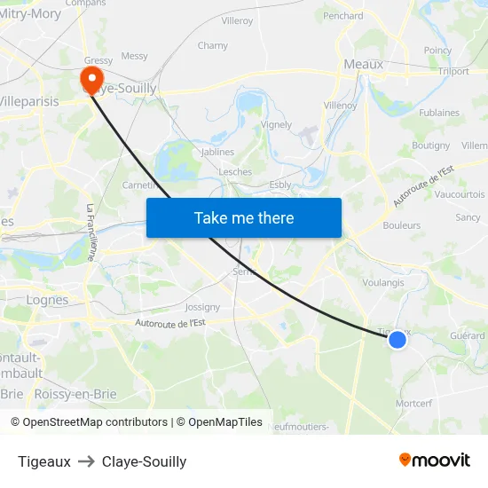 Tigeaux to Claye-Souilly map